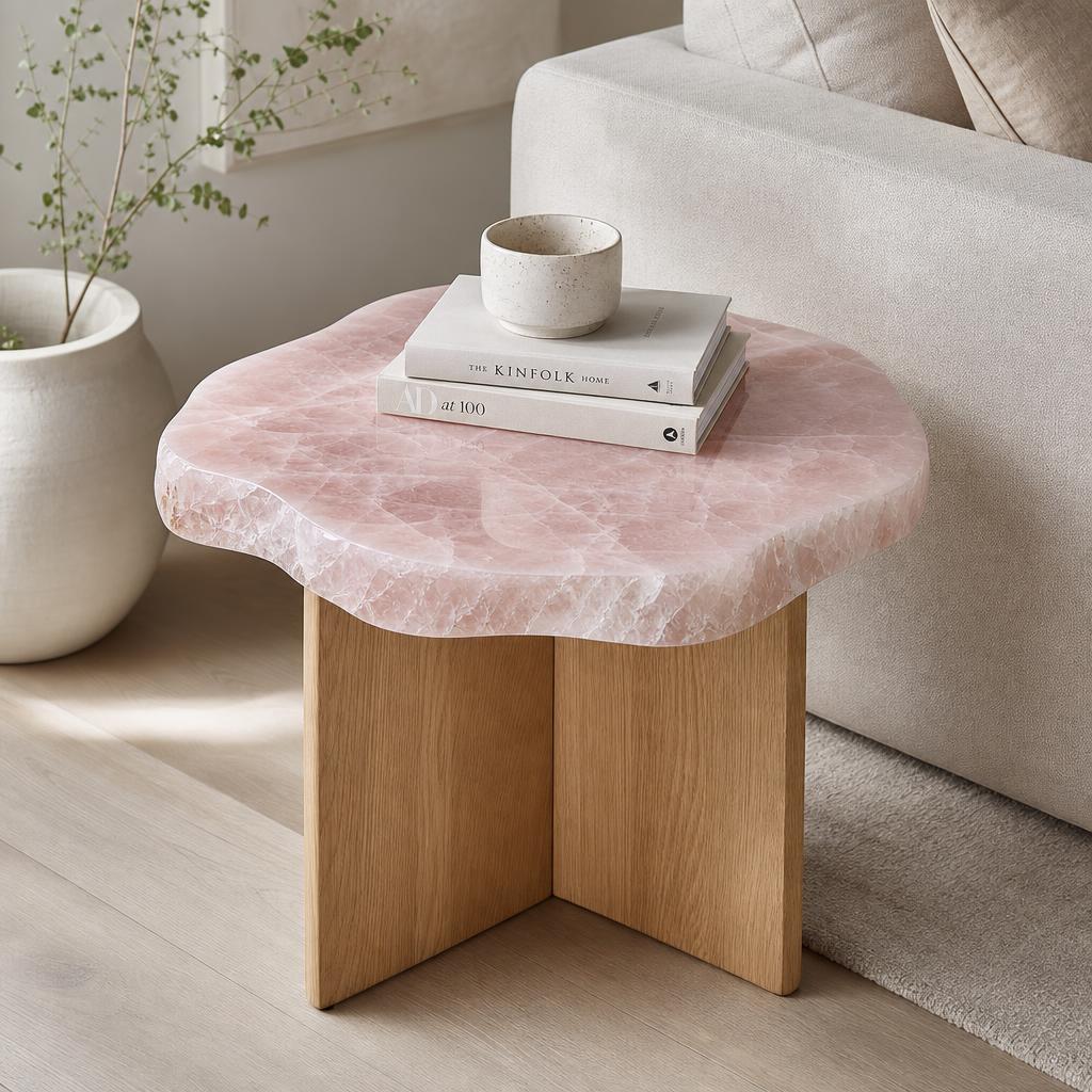 Mesa Lateral de Pedra Natural Quartzo — Tampo Orgânico e Base de Madeira