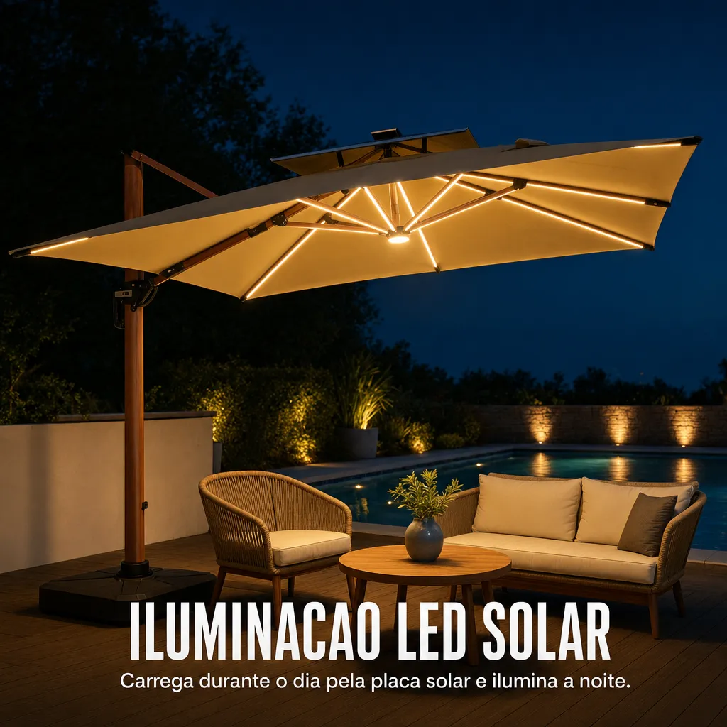 Ombrelone com fitas de LED acesas à noite ao lado de uma piscina iluminada