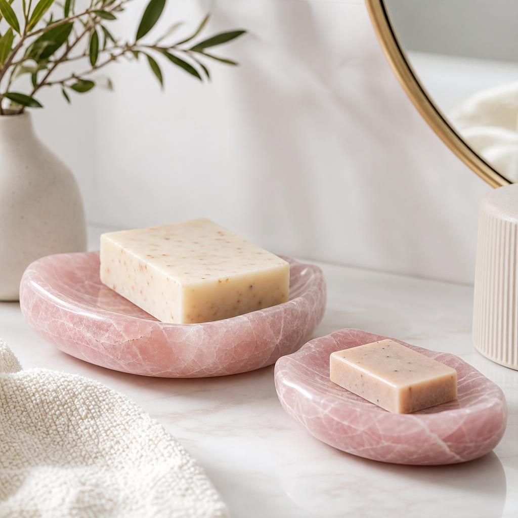 Saboneteiras de Pedra Natural Quartzo — Conjunto com 2 Peças (Verde ou Rosa)
