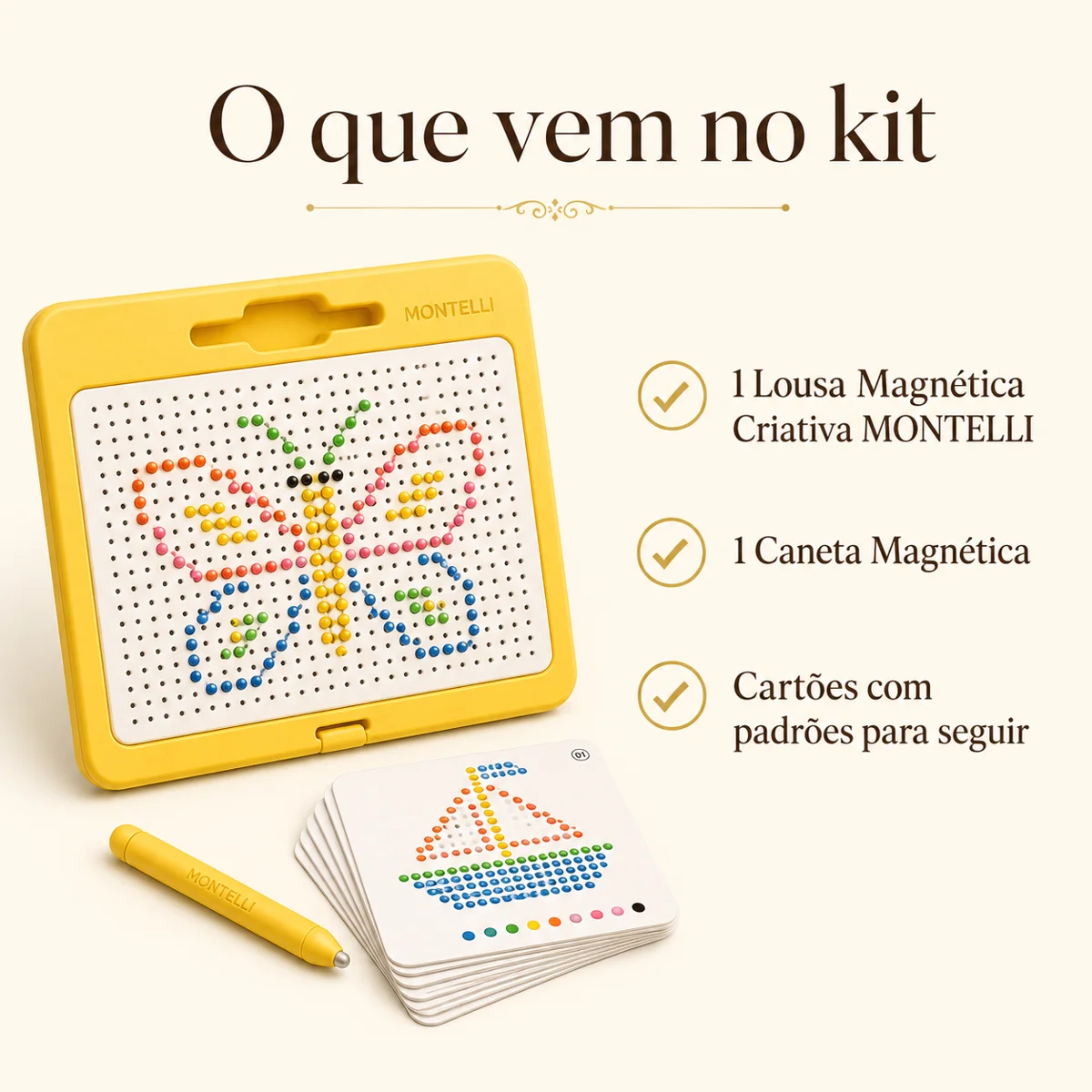 Kit completo: lousa magnética LONTELLI amarela, caneta magnética e cartões com padrões