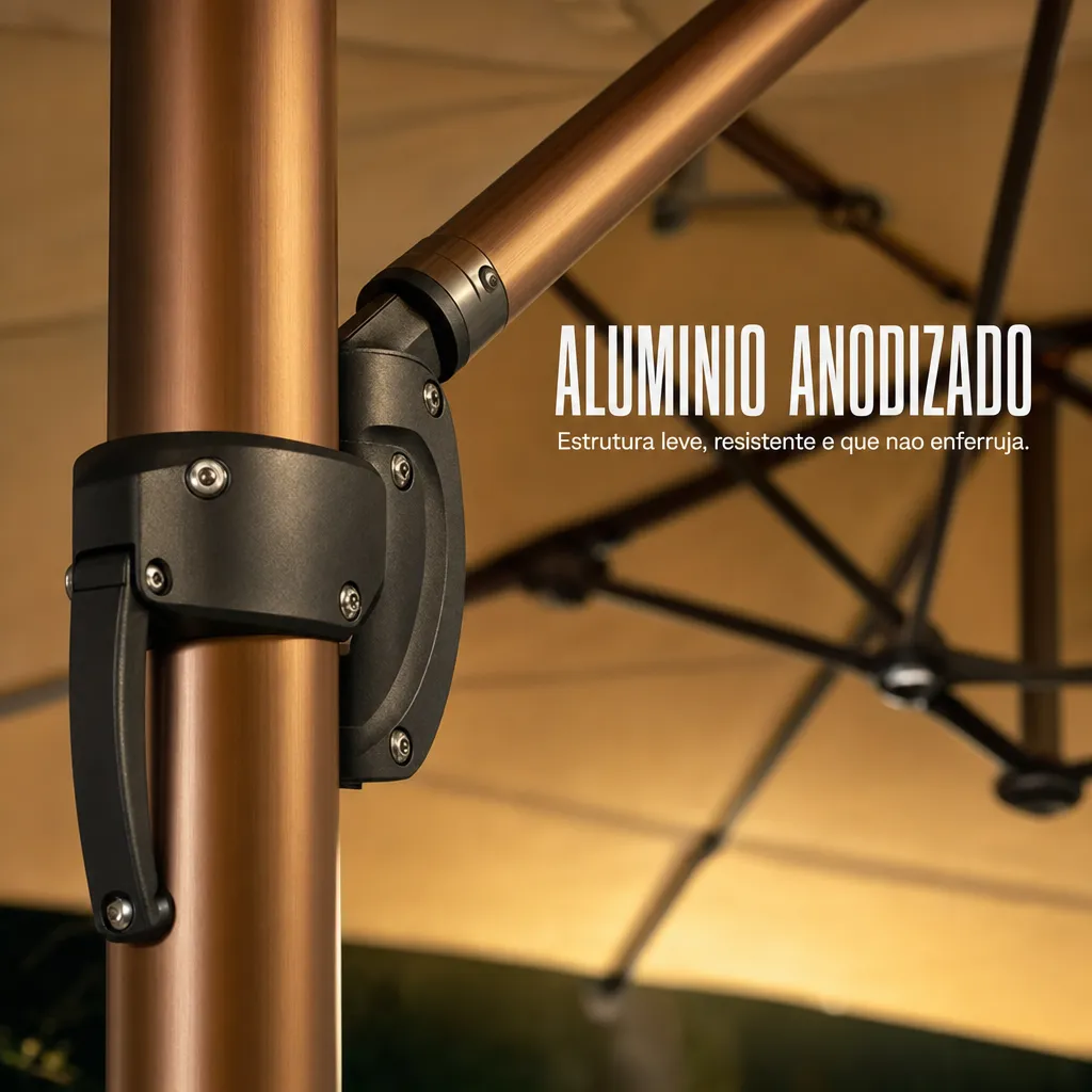 Detalhe da junta de alumínio anodizado com acabamento amadeirado do ombrelone