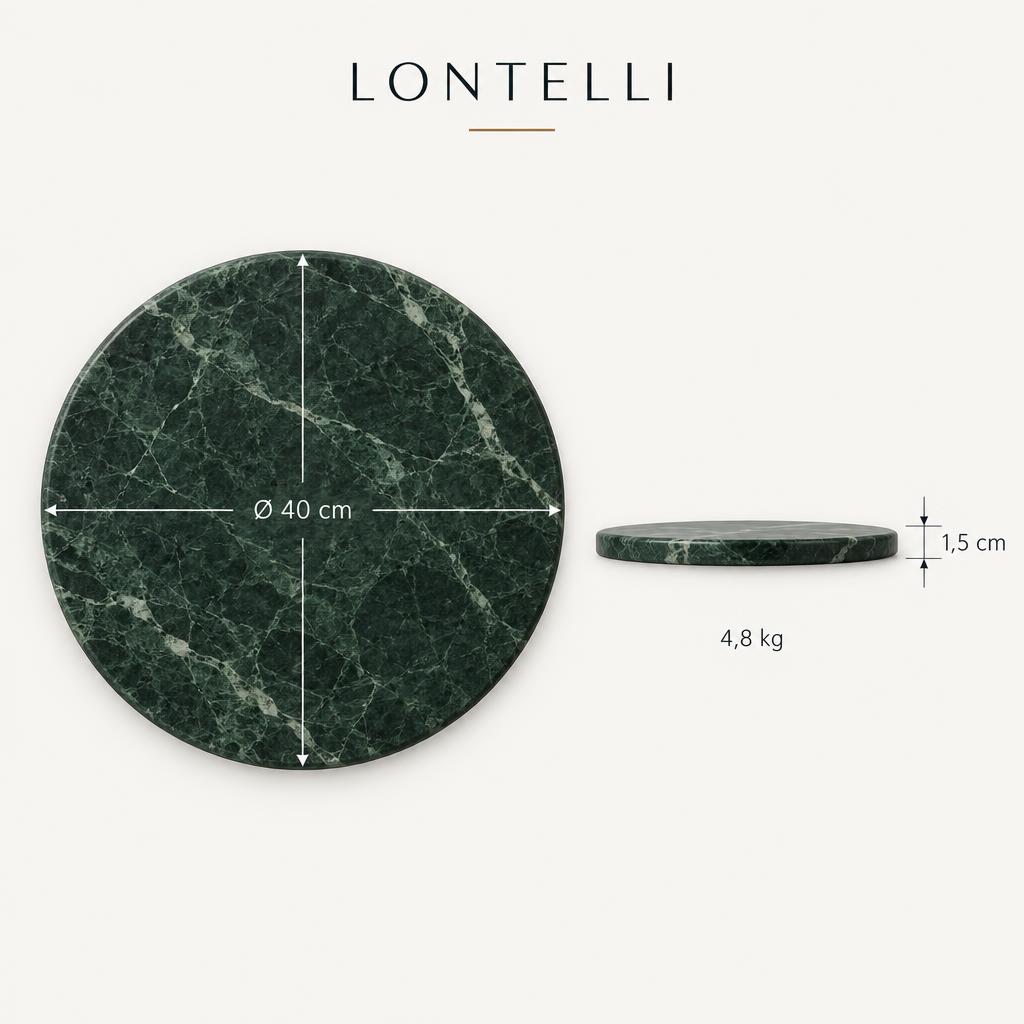 Arte de medidas da Bandeja Orbe Loja Lontelli: diâmetro de 40 cm, espessura de 1,5 cm e peso de 4,8 kg