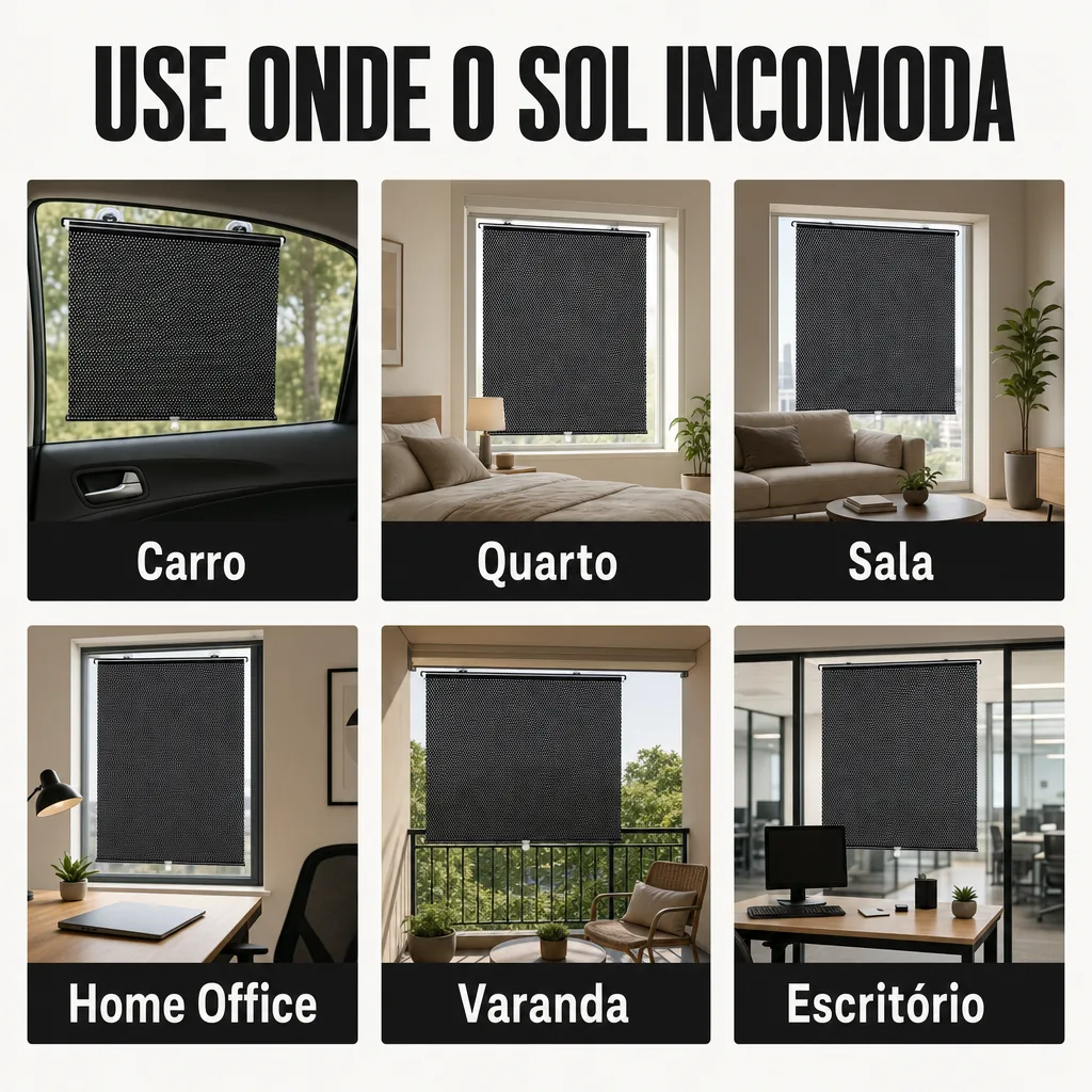 Grid de ambientes onde usar a tela solar: carro, quarto, sala, home office, varanda e escritório
